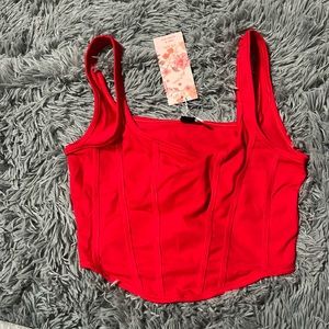red cropped tan top